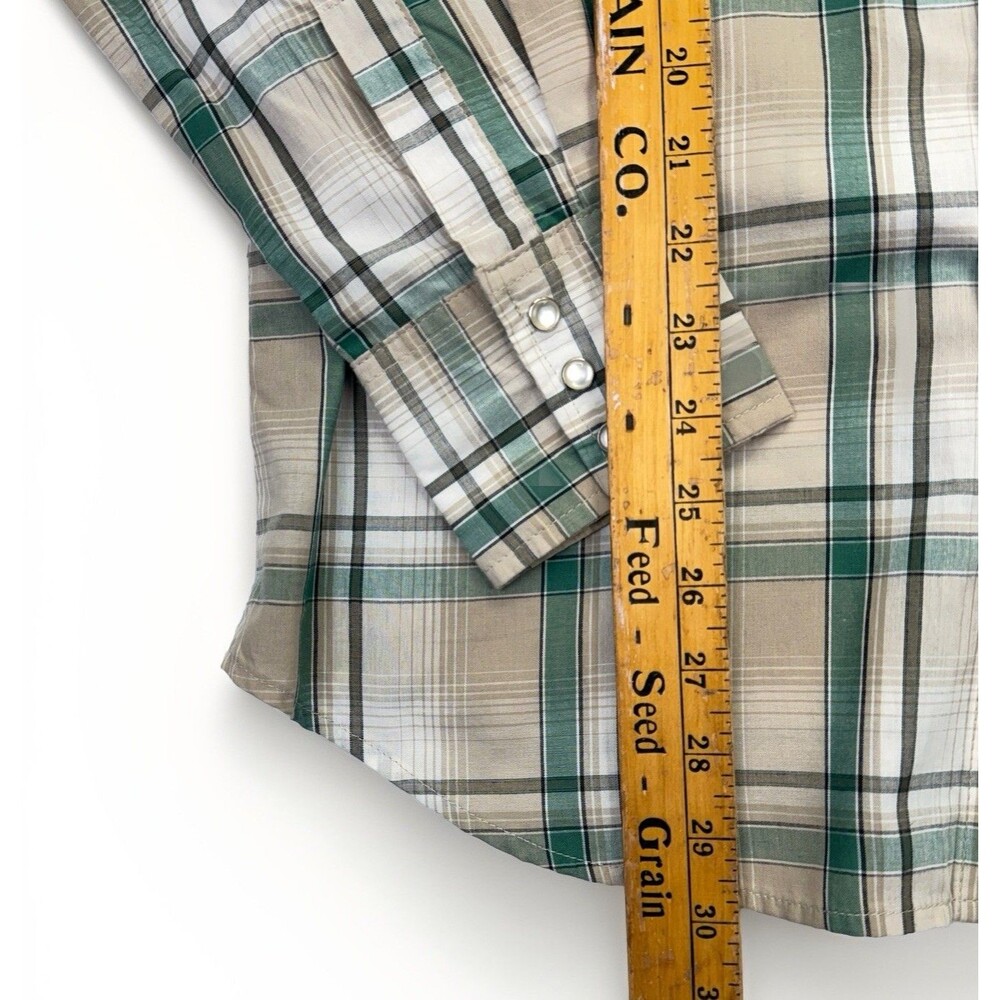 Wrangler Rodeo Wrancher Tan Green Plaid Shirt Pearl Snaps Long Sleeves Cotton L - Picture 7 of 7